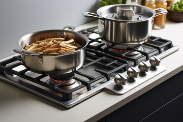 Wall Mural - Rectangle gas cooktop with two pans cooking food at kitchen.