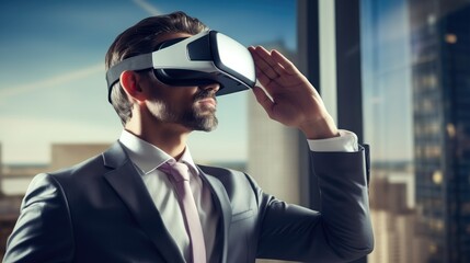 Poster - Virtual reality demonstration, Mature businessman wearing VR glasses in office business technology futuristic technology vr virtual.