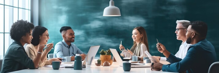 Poster - Group of business people in meeting planning in discussion for vision or mission, Talking or listening to project ideas with team of employees.