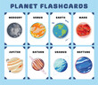 © idcreative.ddid - Set of planets flashcards for kids learning about planets, Mercury, Venus, Earth, Mars, Jupiter, Saturn, Uranus, Neptune. Vector illustration of solar system planets. Printable vector file.