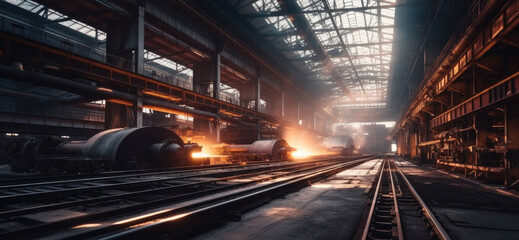 Poster - Heavy machinery at large industry factory, glowing metal and sparks, Metallurgical factory.