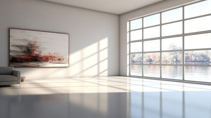 Aesthetic modern minimalist living room with sofa and panoramic windows, Decor big mirror on the white wall.