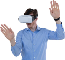 Poster - Digital png photo of caucasian businessman wearing vr set on transparent background
