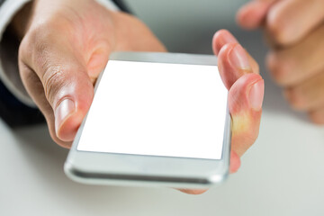Poster - Digital png photo of businessman holding smartphone with copy space on transparent background