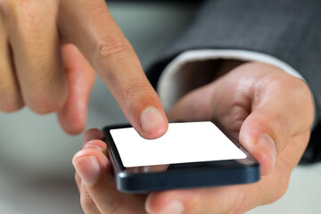 Poster - Digital png photo of businessman holding smartphone with copy space on transparent background