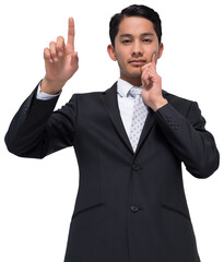 Poster - Digital png photo of biracial businessman using virtual interface on transparent background