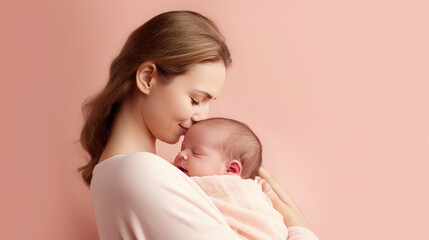 portrait pretty woman holding a newborn baby , loving mom carying of her newborn baby in her arms , 