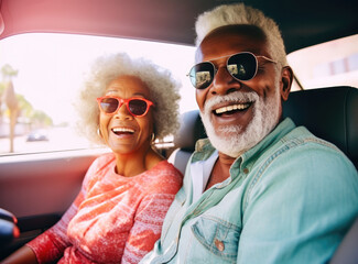 African senior couple going on a trip in their car