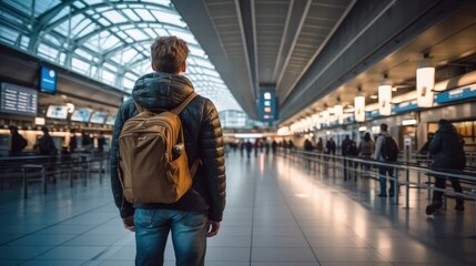 Young man with backpack looking at flight information at airport.