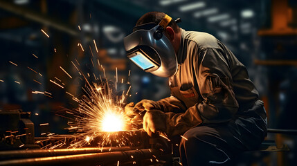 Wall Mural - The welder is welding the various parts of the house construction in a factory.