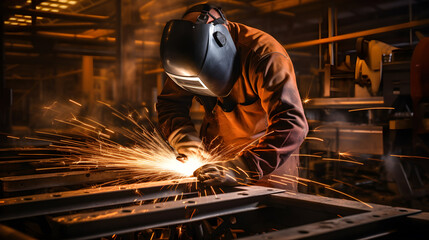 Wall Mural - The welder is welding the various parts of the house construction in a factory.