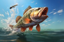 Realistic Illustration Of A Large Lake Perch Attacking A Bait Wobbler While Fishing On A River Or Lake In The USA. Generative AI