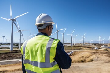 An engineer in wind turbine construction site landscape.