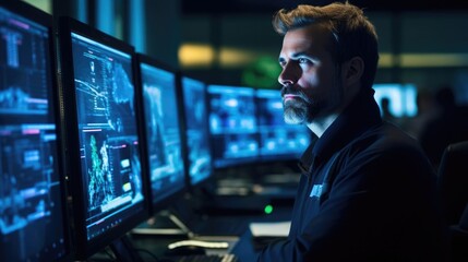 Portrait of a male cybersecurity analyst in a high-tech security operations center vigilantly monitoring network traffic