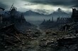 A ruined village landscape with destroyed buildings and concrete. A war-torn panorama. Generative AI