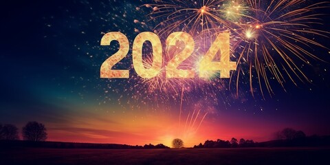 fireworks spelling 2024 in the night sky, colorful new year sparkles number 2024 written, view form a lake or sea shore dock, peaceful place, happy new year concept