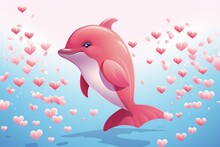 A Cute Baby Dolphin Surrounded By Hearts Creates A Romantic Valentine's Day Graphic. Generative AI