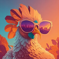 a bird with sunglasses on its head and a city in the background