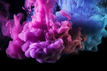 Color smoke. Paint splash. Ink water mix. Fantasy explosion. Pink blue glowing vapor wave on dark black abstract art background with free space. Generative AI.