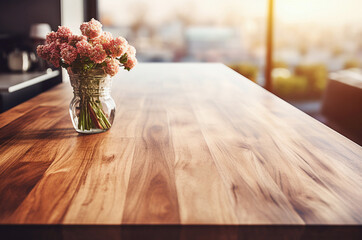 Wall Mural - Wooden  table  on blurred kitchen  background