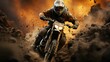 A motorcyclist on a motorcycle quickly rides through the dirt and dust on the track during a motocross competition