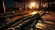 Large Thick Strong Marine Ropes For Ships Lie On A Wooden Pier
