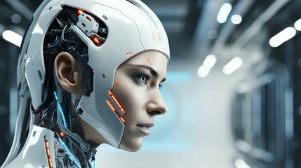 Poster - The face of a robot woman and a futuristic hybrid of human and artificial intelligence