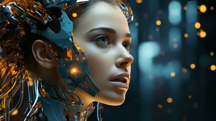 Poster - Connection of human woman and artificial intelligence robot. The concept of merging a person and a computer with neural networks in the future. AI generated