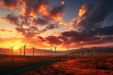 Silhouette of cloudy wind turbine mills, cloudy on the sky at sunset