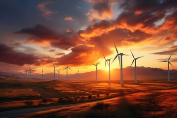 Silhouette of cloudy wind turbine mills, cloudy on the sky at sunset