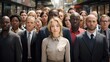 © BajimBa - An international group of people stands together as one team, office employees, ordinary workers, businessmen, the concept of a vacancy where there is a place for everyone.
