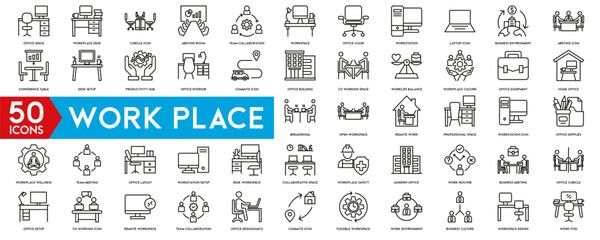 work place icon set. containing briefcase, desk, computer, meeting, employee, schedule and co-worker