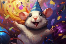 A Happy Squirrel Wearing A Festive Birthday Hat, Surrounded By Vibrant Confetti, Balloons, And A Party Background. Generative AI