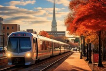 View of King Street - Old Town WMATA Metro Station and George Washington Masonic Temple in Alexandria, Virginia, with an Amtrak train in the foreground on a fall afternoon. Generative AI