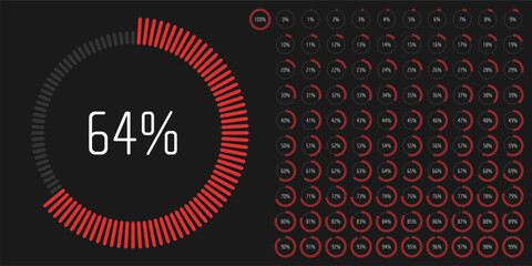 Set of circle percentage diagrams (meters) from 0 to 100 ready-to-use for web design, user interface (UI) or infographic - indicator with red