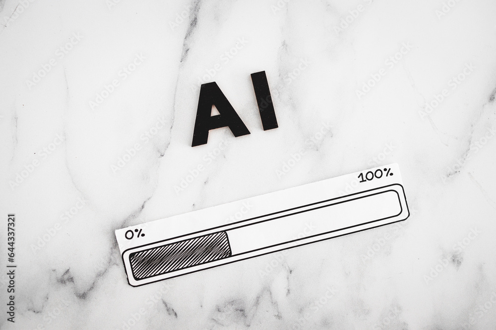 AI text made of wooden letters next to progress bar loading, concept of technology improving (image NOT created with AI)