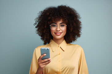 A young biracial woman in yellow shirt with round glasses smiling while holding teal mobile phone again blue background 