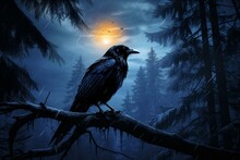 A Crow Appears From Smoky Darkness Beneath A Full Moon Within A Forest. Generative AI