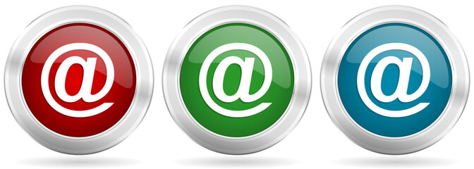 Leinwandbilder - Email vector icon set. Red, blue and green silver metallic web buttons with chrome border