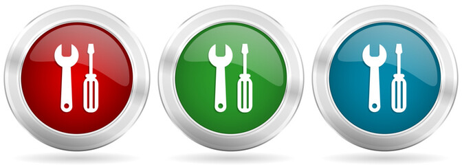 Leinwandbilder - Tool vector icon set. Red, blue and green silver metallic web buttons with chrome border