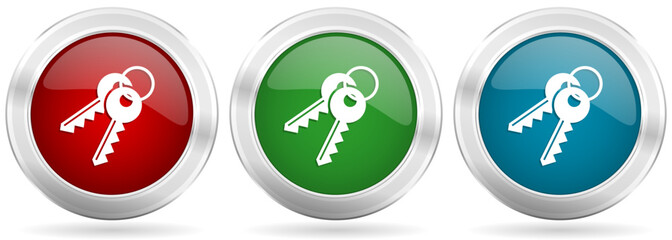 Leinwandbilder - Keys vector icon set. Red, blue and green silver metallic web buttons with chrome border