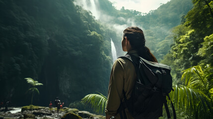 Wall Mural - Adventure young woman travelers exploring amazing hidden waterfall in forest, Traveling along mountains and rain forest