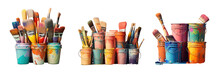 Colorful Paint Buckets And Brushes Isolated On A Transparent Background In An Image