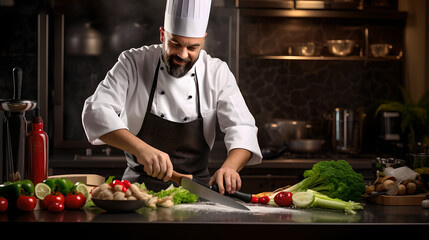 Chef cooking food in kitchen restaurant, professional chef working on their dishes preparing a meal