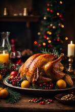 Christmas Roasted Turkey With Cranberries And Oranges On Rustic Wooden Table