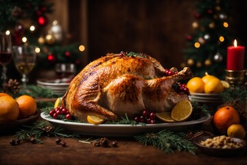 Christmas roasted turkey with cranberries and oranges on rustic wooden table