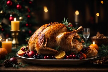 Wall Mural - Christmas roasted turkey with cranberries and oranges on rustic wooden table