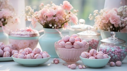 Wall Mural - Photo of a colourful display of candy-filled glass jars on a table ready for a baby shower - created with Generative AI technology