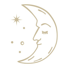 Wall Mural - Gold crescent moon illustration with face. closed eyes. Vector hand drawn mystical element.