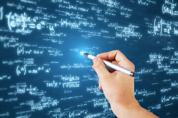 Aufkleber - Close up of male hand using glowing digital math formulas hologram on blurry background. Ai and statistics, education concept.